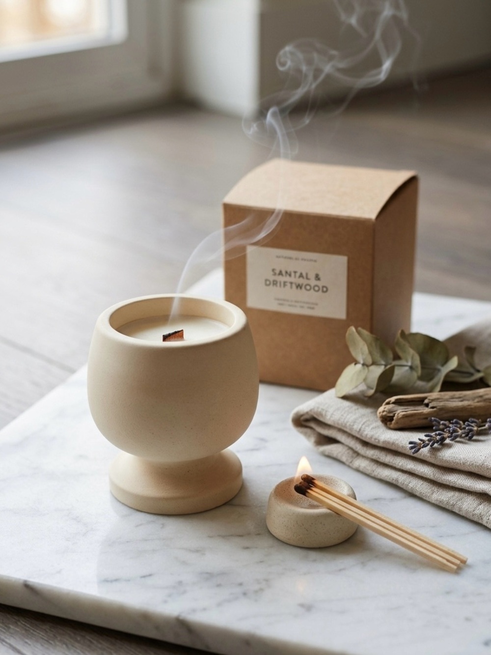 Santal & Driftwood jesmonite Wood-Wick Candle - Beige